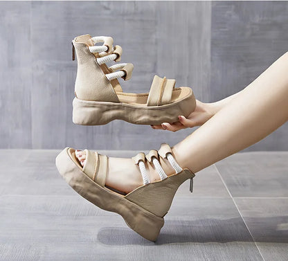 Koznoy 8cm Natural Genuine Leather Sandals Boots Flats Platform Wedge Summer Women Hollow Pumps Peep Toe Booties Mary Jane Shoes