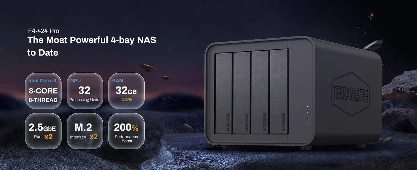 TERRAMASTER F4-424 Pro NAS Storage – 4Bay Core i3 8-Core 8-Thread CPU, 32GB DDR5 RAM, Network Attached Storage  (Diskless)