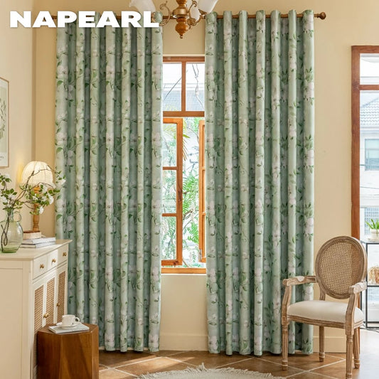 1PC European Style 100% Blackout Curtain for Bedroom Living Room Green Leaf Flower Printed Window Drapes Summer Curtains by PDG ibma