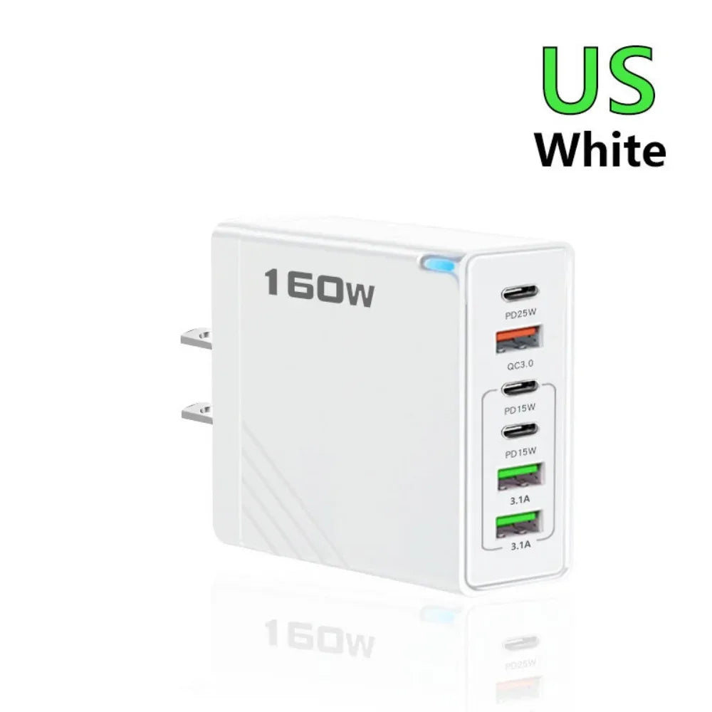 160W Fast Charge Phone Charger Adapter Multi Port USB Type C Charger For iPhone Samsung Xiaomi Huawei EU/US/UK Plug Wall Charger