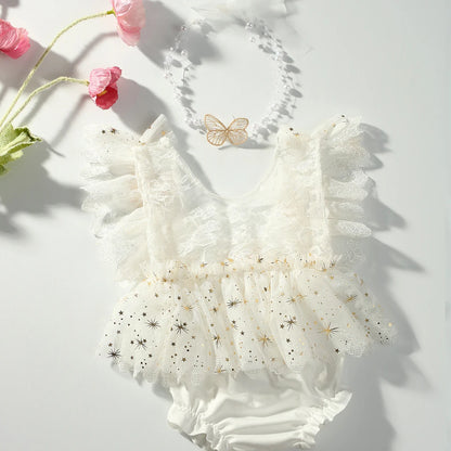 2Pcs Newborn Photography Outfit Baby Girl Butterfly Glitter Star Lace Romper With Pearl Headband Infant Photo Props
