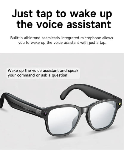 Lunettes intelligentes avec caméra HD 8Mpx, vidéo HD 1200p anti-tremblement, assistant vocal intelligent IA, traduction en temps réel et reconnaissance d'objets.