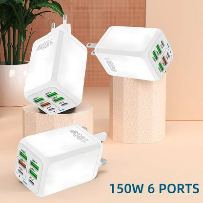 150W Multi Port USB Charger 6 Ports Fast Charge Phone Charger Wall Adapter For iPhone Samsung Xiaomi EU/US/UK Plug Quick Charger