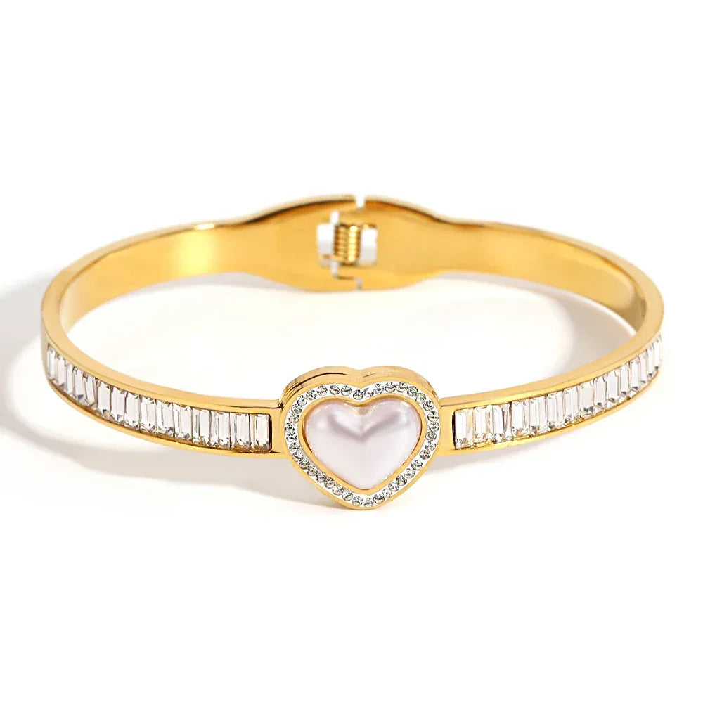 Elegant Rhinestones Bracelet with White Shell for Women Stainless Steel Golden Series Jewelry Fashion Valentine's Day Jewelry