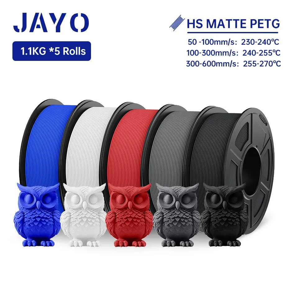 JAYO PETG 3D Filament 1.75MM High Speed PETG 3D Printer Filament 5Rolls High Flow Speedy Matte Effect 3D Printing Mateials