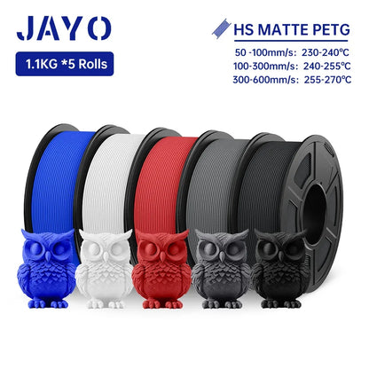 JAYO PETG 3D Filament 1.75MM High Speed PETG 3D Printer Filament 5Rolls High Flow Speedy Matte Effect 3D Printing Mateials