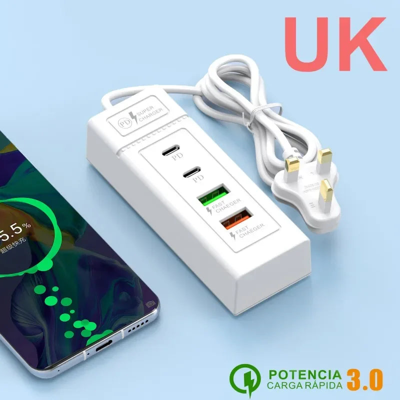 4 Ports USB Fast Charging Charger Type C Wall Charger For iPhone Samsung Xiaomi Huawei Phone Charger EU/US/UK Plug Power Adapter