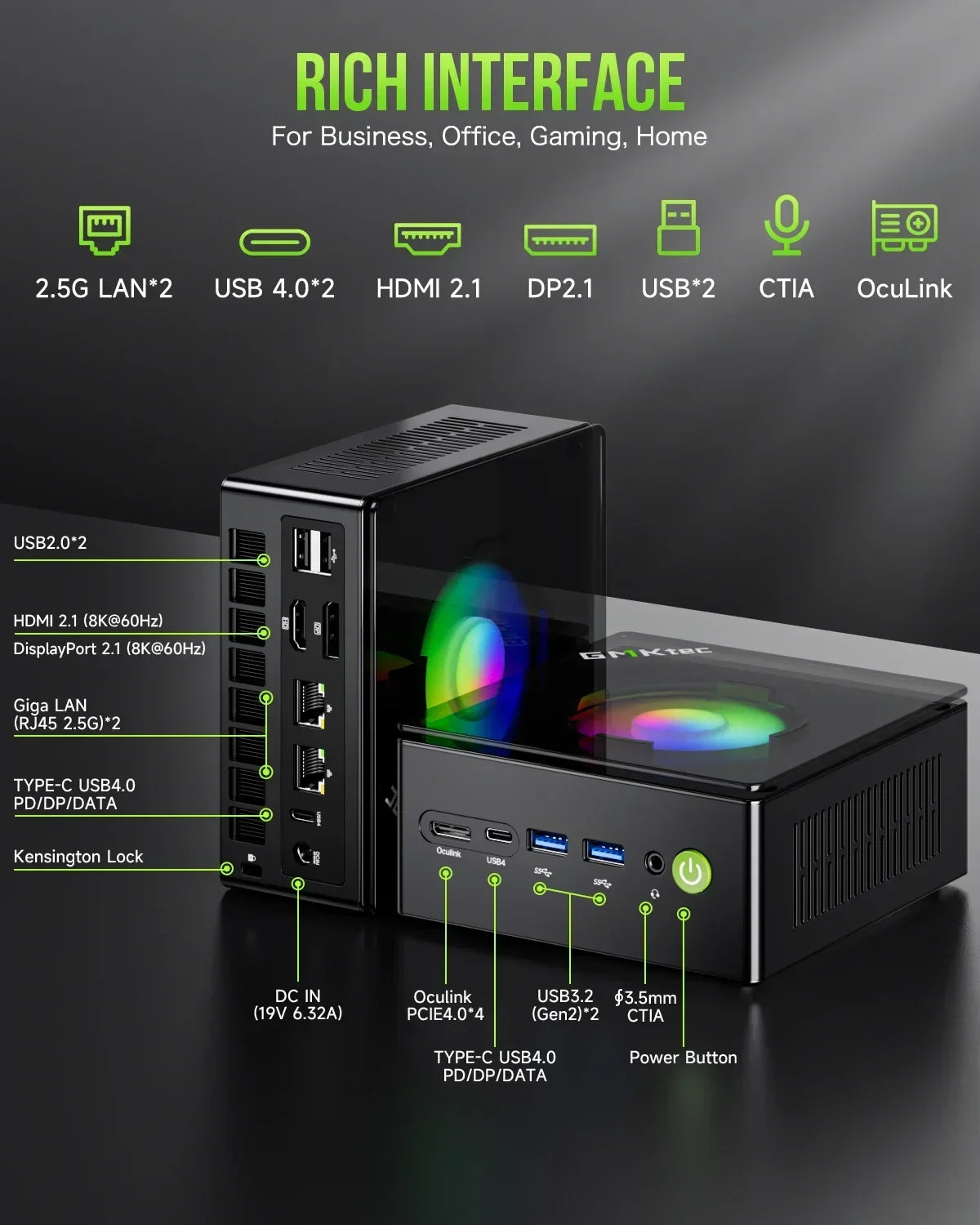 GMKtec K11 Gaming PC AMD Ryzen 9 8945HS 32GB DDR5 1TB PCIe 4.0 SSD Windows 11 Pro Oculink Dual 2.5G LAN HDMI DP 2 USB4 RGB