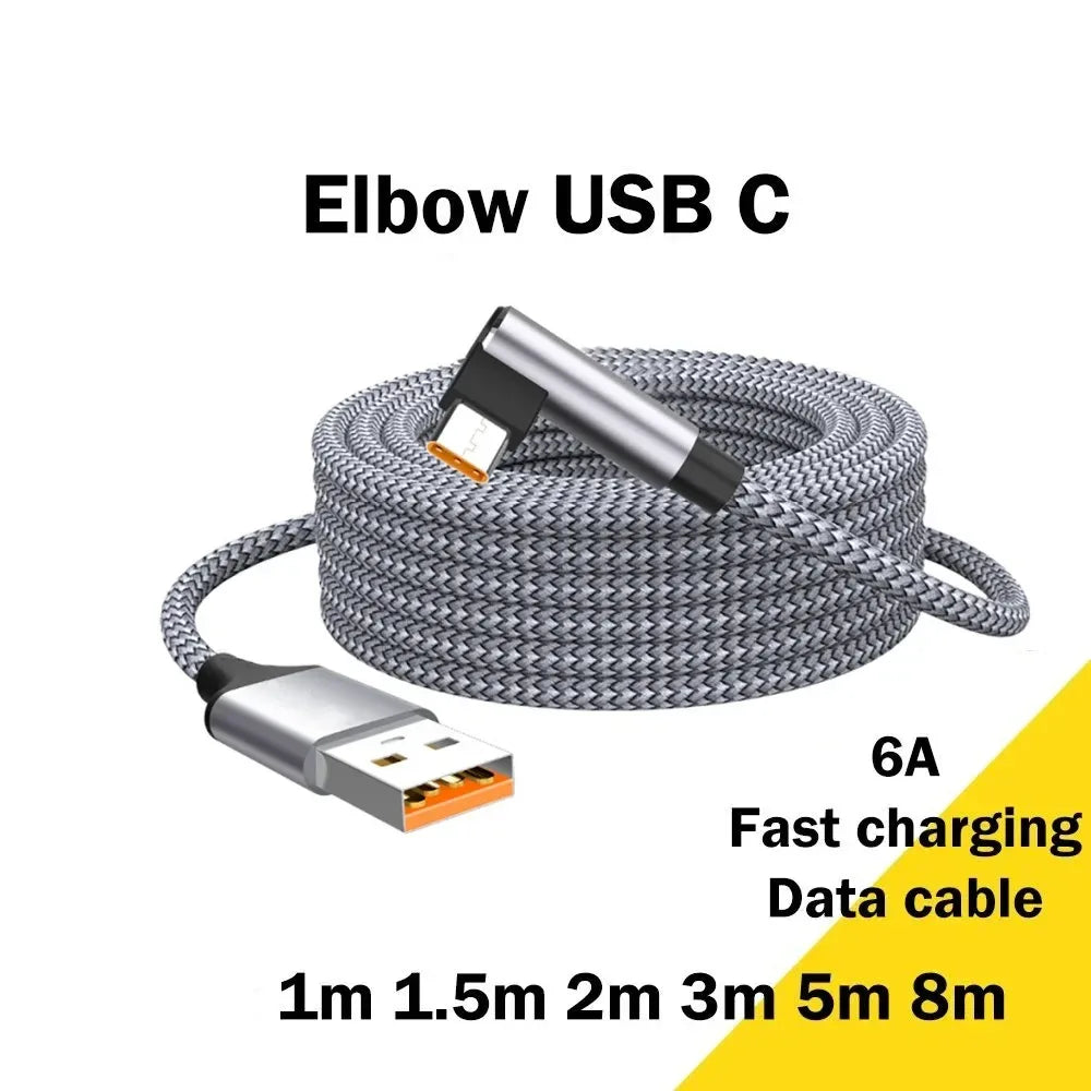 6A USB C Elbow Type C Fast Charge Cable 1/1.5/2/3/5/8m USB Extend Charging Cable for Universal USB Charging Charger Data Wire