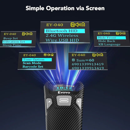 EYOYO Portable Bluetooth 1D Bar Code 2D QR Scanner with Digital Display Can Add Custom Prefix/Suffix Digits,Keyboard Keys
