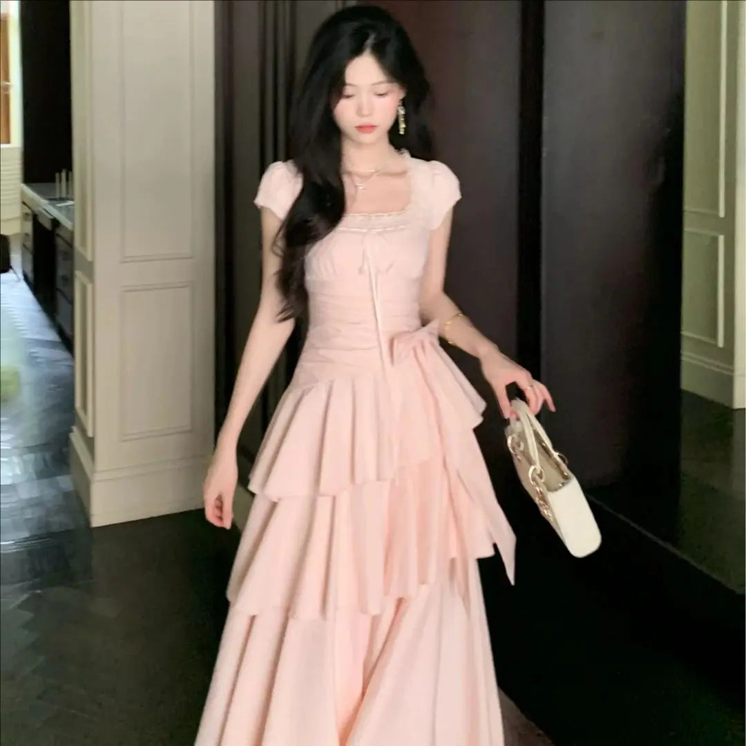 Pink Square Collar Korean Style Long Dress Women Japan Style Sweet Elegant Fairy Dress Female Fashion Summer Casual Party Dress