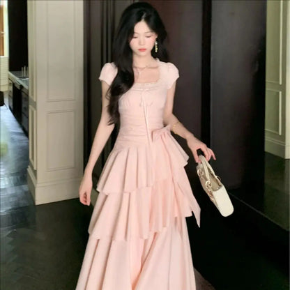 Pink Square Collar Korean Style Long Dress Women Japan Style Sweet Elegant Fairy Dress Female Fashion Summer Casual Party Dress