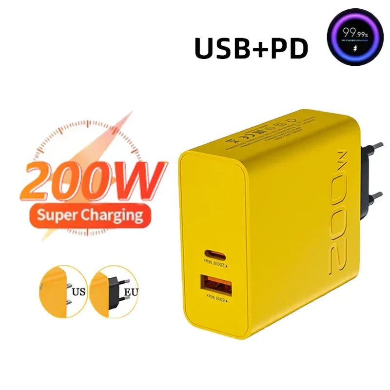 New 200W Ultra Fast Charger USB PD 2-In-1 Type C Fast GaN Phone Charger For Iphone Huawei Samsung Xiaomi Oppo  EU US Plug ﻿