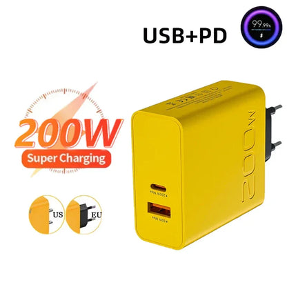 New 200W Ultra Fast Charger USB PD 2-In-1 Type C Fast GaN Phone Charger For Iphone Huawei Samsung Xiaomi Oppo  EU US Plug ﻿