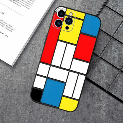 Pattern Abstract Piet Mondrian Phone Case For iPhone 16,15,14,13,12,11,XS,XR,X,8,7,Pro,Max,Plus,mini Silicone Black Cover