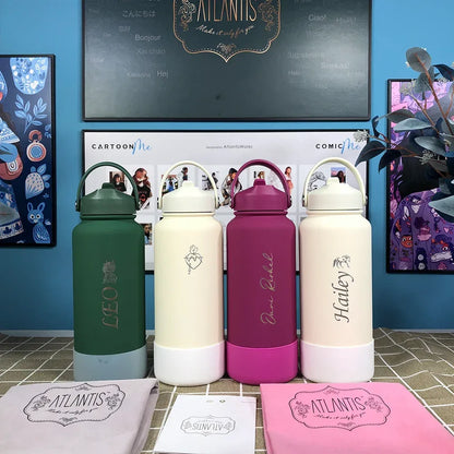 PuraCool Personalised Water Bottle 650ml/22oz Insulated Thermos Customised Tumbler Flask with Straw