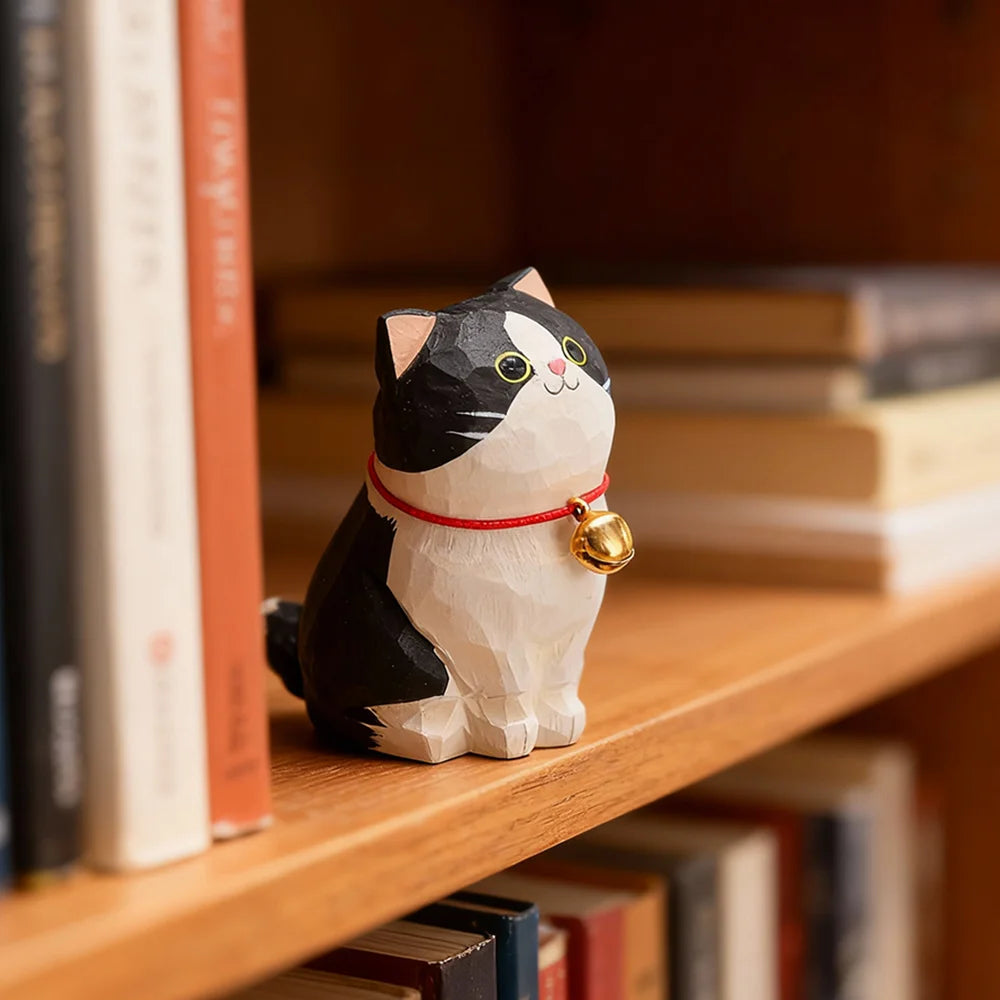 Cute Cat Animals Figurine Decorative Wooden  Ornament Kitten Statue Calico Golden gradient cat Home Office Desk Car Decor Gift