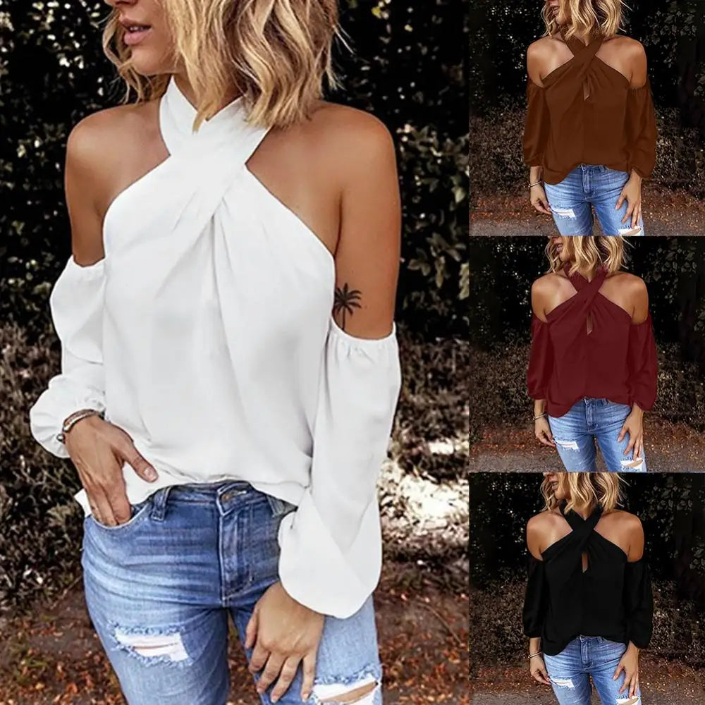 Autumn Halter Off Shoulder White Shirt Women Elegant Commuting Tops Fashion Casual V Neck Long Sleeve Blouses