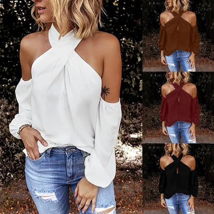 Autumn Halter Off Shoulder White Shirt Women Elegant Commuting Tops Fashion Casual V Neck Long Sleeve Blouses