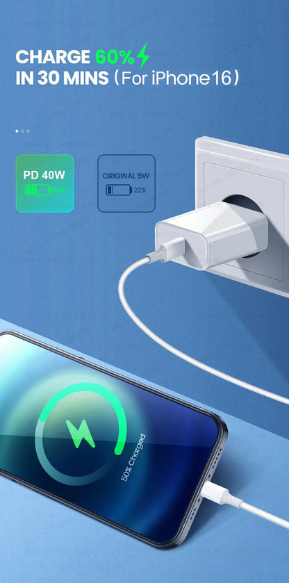 US EU Adapter PD 40W Fast Charger For Apple iPhone 15 13 12 11 14 17 16 Pro Max Type C Charger Charging Cable Phone Accessories
