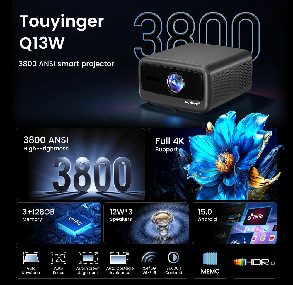Touyinger Q13W 3800ANSI Full HD 4K Decoder Android 15 Support MEMC Smart TV Home Theater Fully Sealed Optical Projector