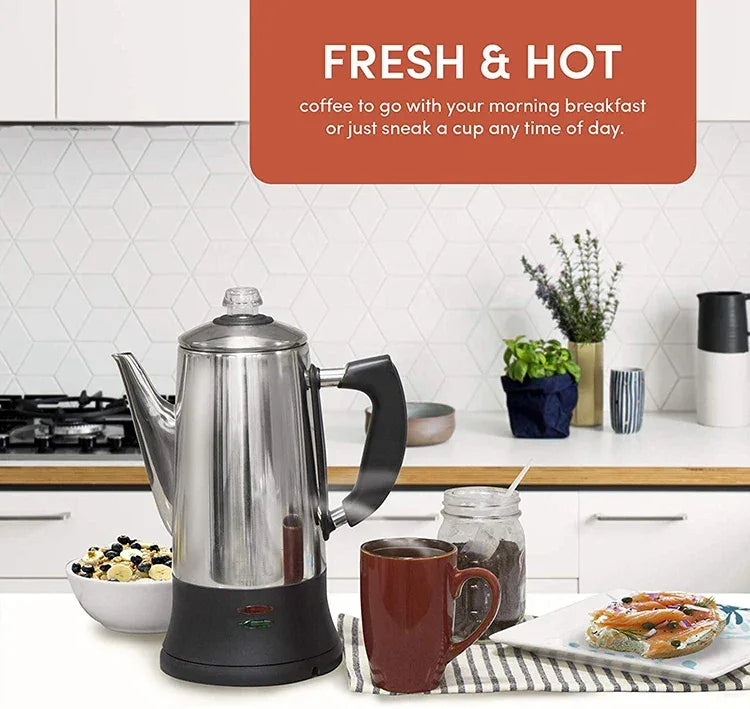 1.8L Electric Coffee Percolator 12 Cup Stainless Steel Coffee Pot with Keep Warm Function Reusable Filter Basket Coffee Maker