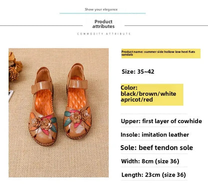New 2025 Ladies Flat Sandals Soft Leather Anti-Slip Bottom Ethnic Style Comfortable Soft Surface Design for Elderly People