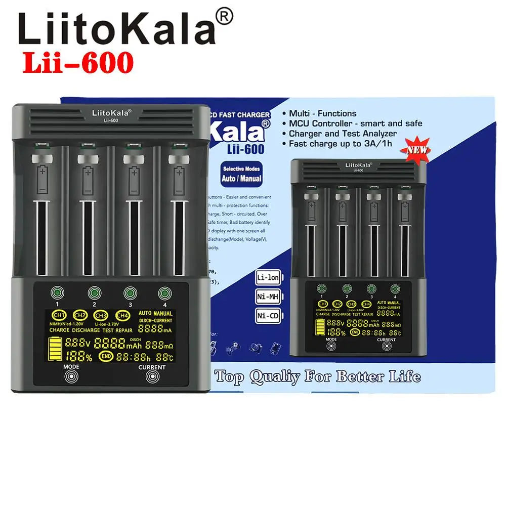 LiitoKala lii-500S lii-500 lii-600 LCD 3.7V 1.2V 18650 26650 21700 Battery Charger with screen Test the battery capacity