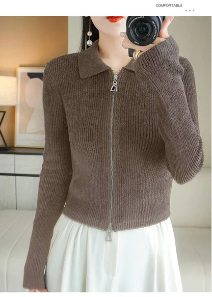 Women Autumn Winter Soft Wool Sweater Polo Collar Thicken Knitted Double Zipper Cardigan Basis Short Top Cashmere Female Coat