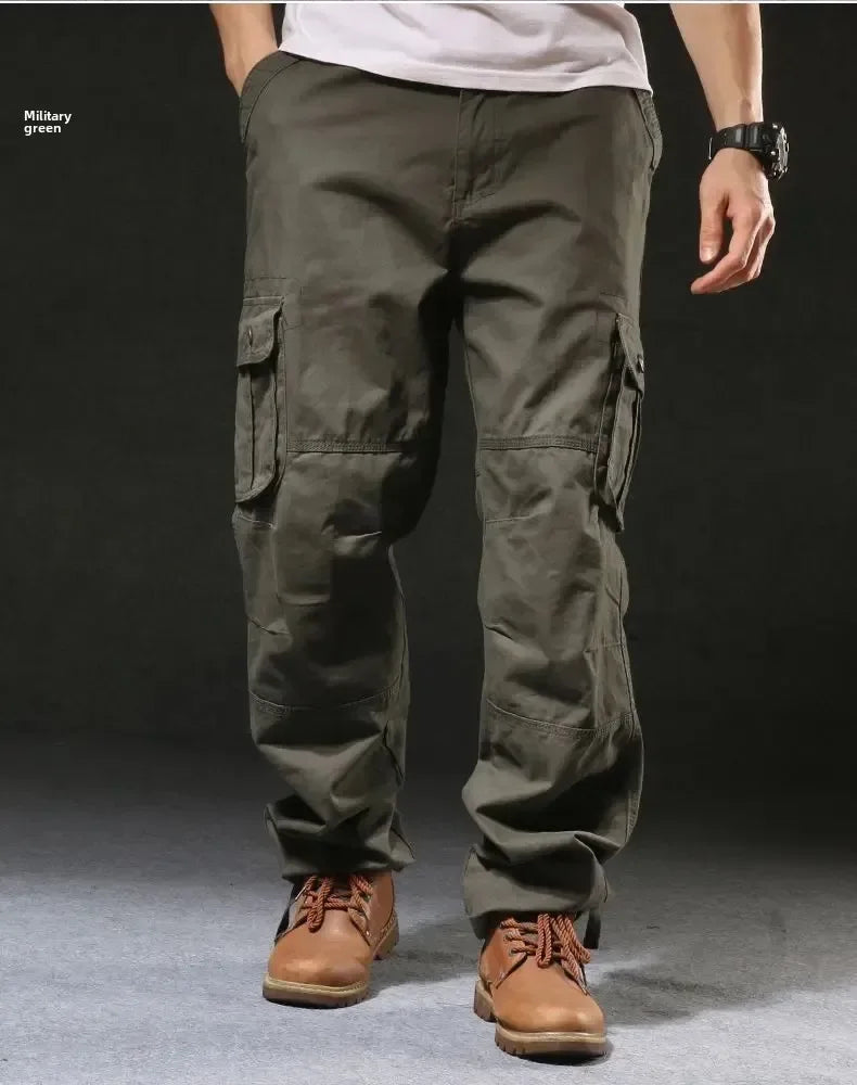 Cross-Border Men's Cargo Pants Spring Autumn Loose-Fit Pure Cotton Multi-Pocket Plus Size Straight-Leg Casual Pants