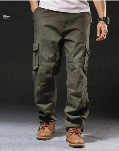 Cross-Border Men's Cargo Pants Spring Autumn Loose-Fit Pure Cotton Multi-Pocket Plus Size Straight-Leg Casual Pants