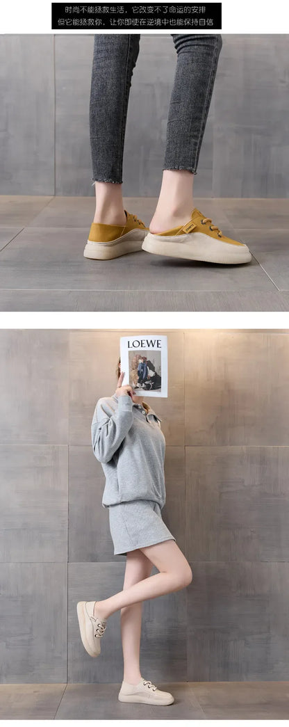 Koznoy 3.5cm Cow Genuine Leather Women Flats Fall Vulcanize Chunky Sneaker Loafer High Brand Platform Slippers Autumn Shoes