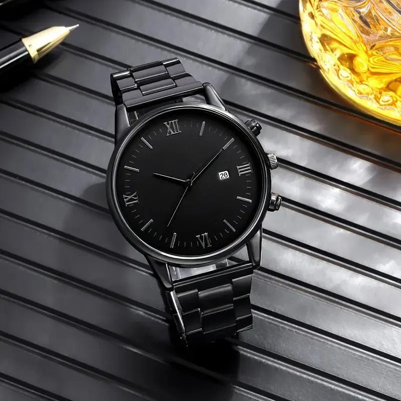Ensemble 4 pièces pour homme : montre à quartz minimaliste noire avec bracelet, collier et bague -