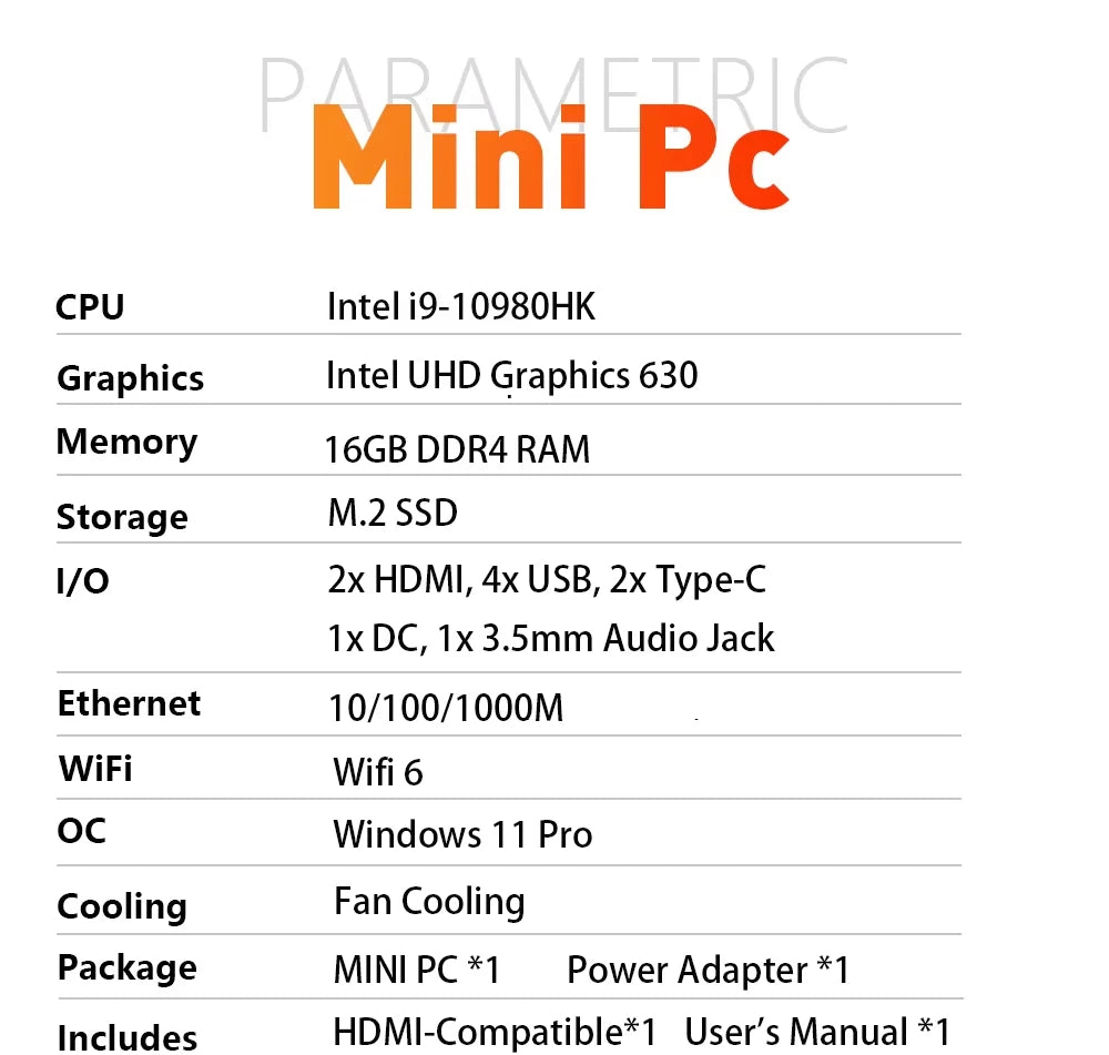 Brand New Mini PC Intel Core I9-10980HK 16GB RAM 1/2TB SSD Bluetooth 5.2 WiFi6 1000M Ethernet Windows 11 Gaming Office PC