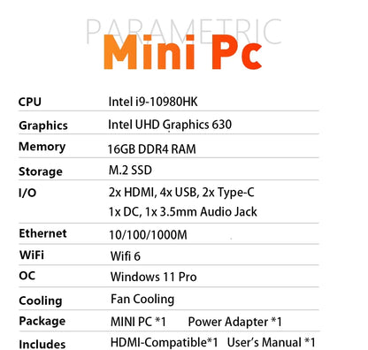 Brand New Mini PC Intel Core I9-10980HK 16GB RAM 1/2TB SSD Bluetooth 5.2 WiFi6 1000M Ethernet Windows 11 Gaming Office PC
