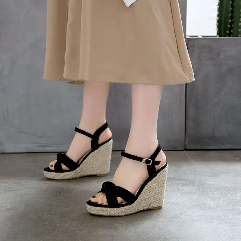 REAVE CAT Brand Women Sandals Open Toe Flock Suede Wedges 11cm Platform Buckle Strap Big Size 44 45 46 Soft Leisure Daily Shoes