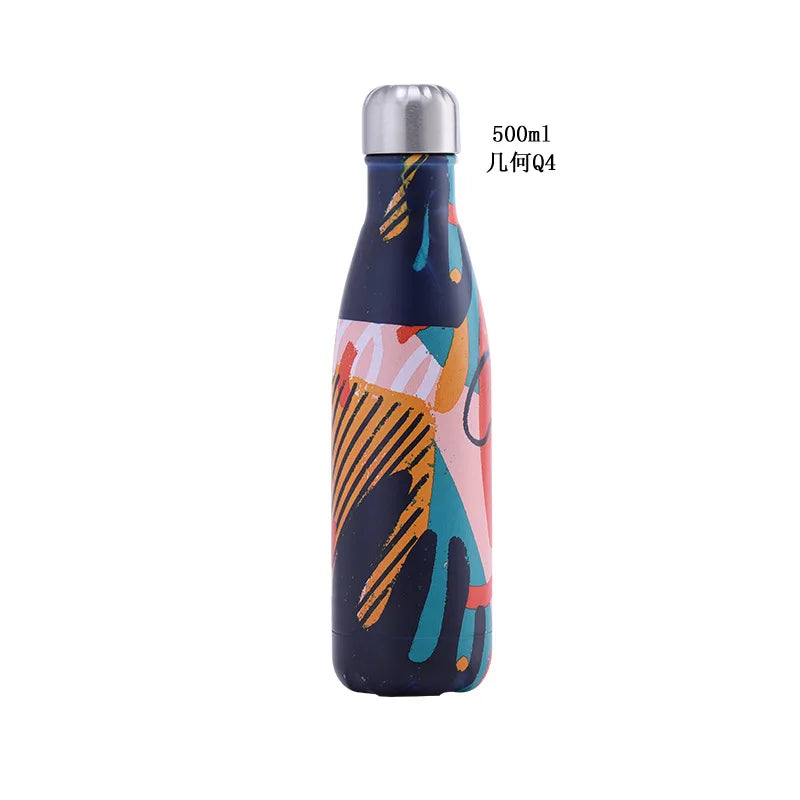 500ml Cola Shape Insulated Bottle, 304 Stainless Steel Vacuum Flask, Marble/Print Portable Water Bottle