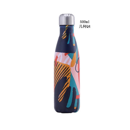 500ml Cola Shape Insulated Bottle, 304 Stainless Steel Vacuum Flask, Marble/Print Portable Water Bottle
