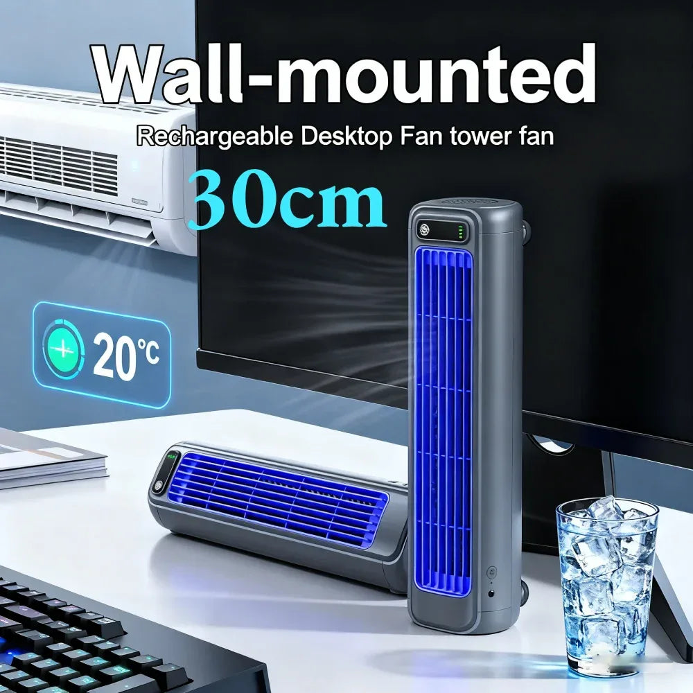 USB Plug-in Portable Tower Fan 3 Speed Desktop Fan 2000mAh Rechargeable Quiet Standing Fan 300x80x80mm Wall Mount Fan
