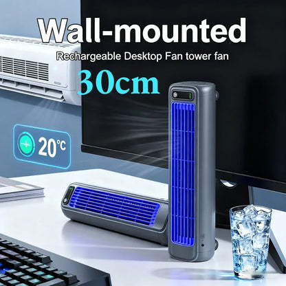 USB Plug-in Portable Tower Fan 3 Speed Desktop Fan 2000mAh Rechargeable Quiet Standing Fan 300x80x80mm Wall Mount Fan