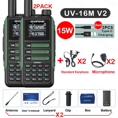 2Pack Baofeng 15W 50KM Waterproof Walkie Talkie 999CH AM FM 2-Way Radio Full Band LCD Screen Frequency Copy Noise Reduce UV16M