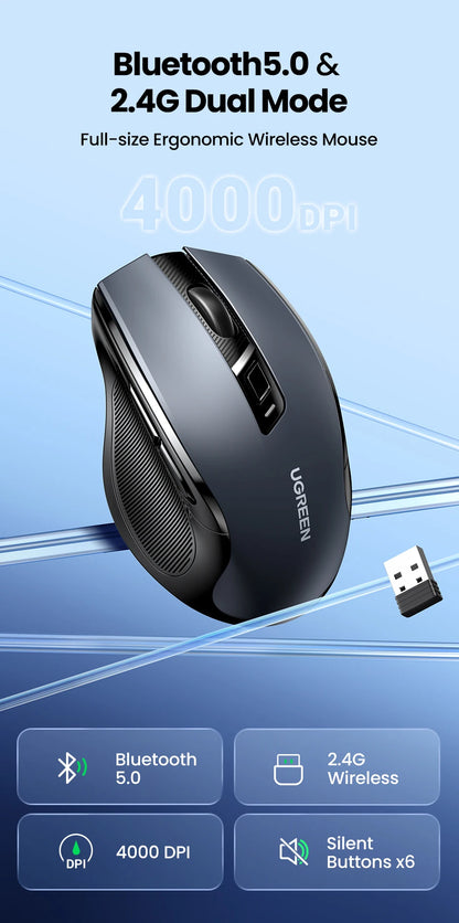 UGREEN Ergonomic Mouse, 6-Button Wireless 2.4G Bluetooth Dual Mode, 5-Level 4000 DPI Adjustable , Silent Click for PC Laptop