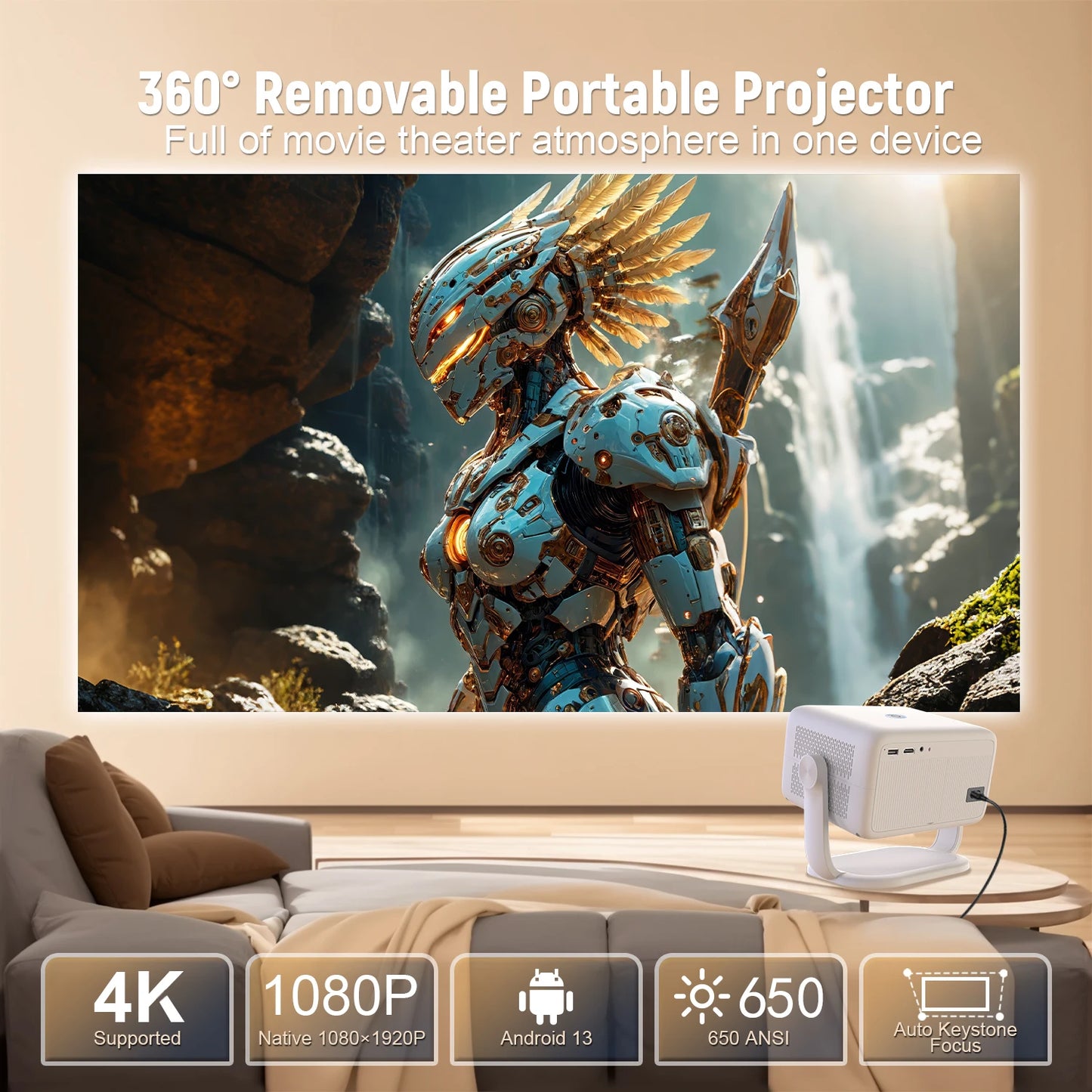 Velec Projector Compatible with Netflix 650ANSI Android 13 Portable 4K Native Wifi6 BT5.2 1080P TP350 Auto Keystone Correction