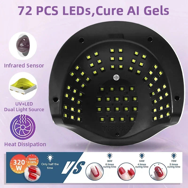 Professional 72 LEDS UV LED Nail Lamp For Fast Gel Nail Polish 320W Nail Dryer With 4 Timer Automatic Sensing For Salon