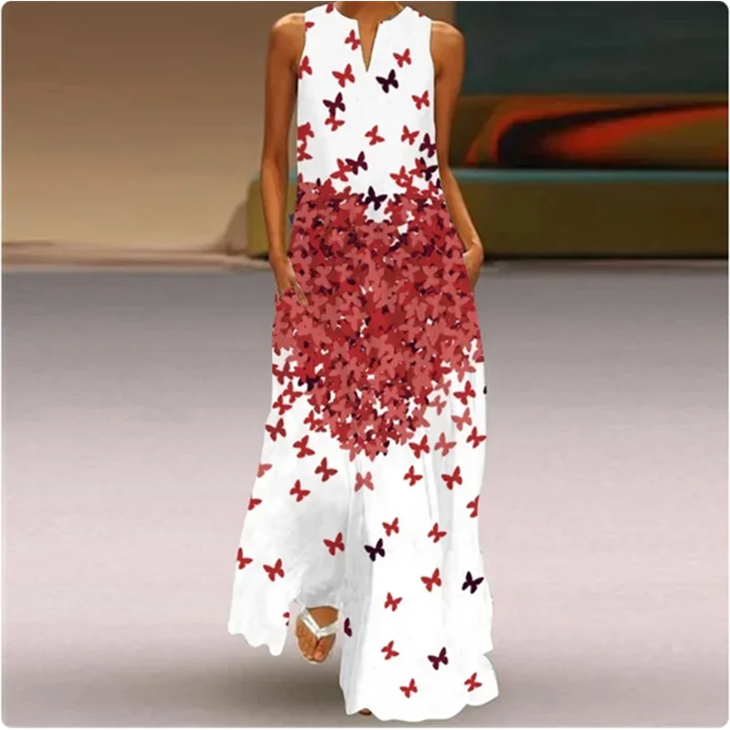 Sleeveless Feather Printed Dress Bohemian Vest Dresses Trendy Beach Casual Loose Robe Colorful Summer