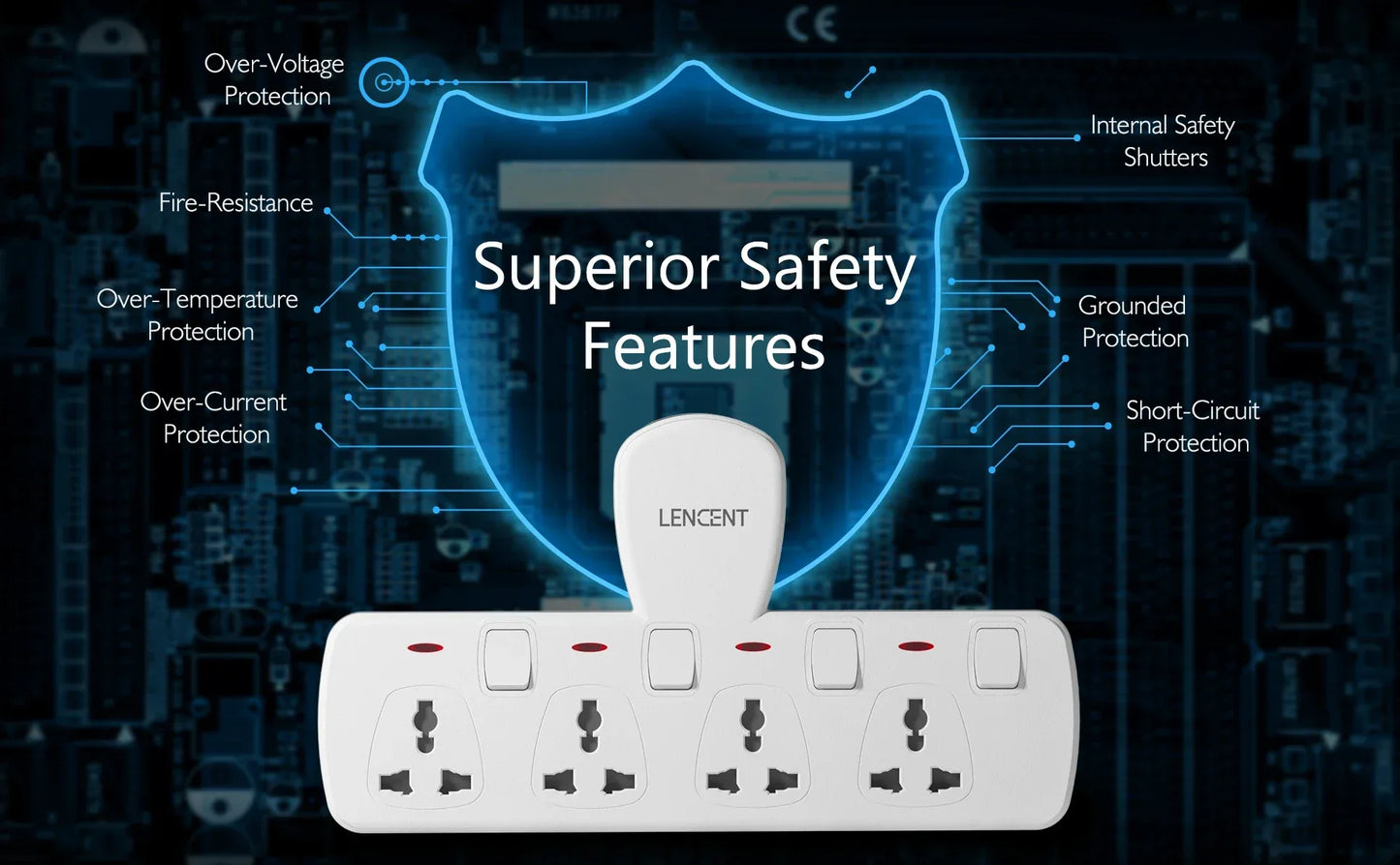LENCENT Multi Plug Extension Socket with 4 Universal AC Outlets 3250W 13A Extension Plug Adapter with Switch for Home Office
