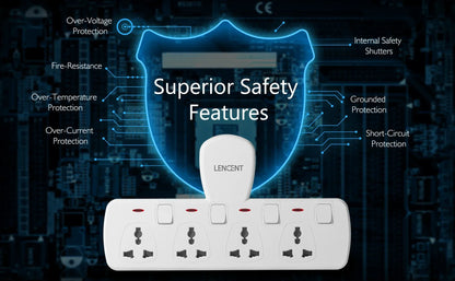 LENCENT Multi Plug Extension Socket with 4 Universal AC Outlets 3250W 13A Extension Plug Adapter with Switch for Home Office