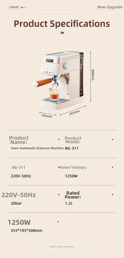 Pro Semi-Automatic Espresso Machine 20Bar Pressure, Compact for Small Kitchens, Built-in Milk Frother, Fast Heating Energy Savi