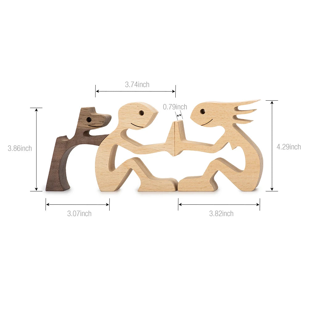 Family Puppy Wood Dog Craft Figurine Desktop Table Ornament Carving Model Home Office Decoration Pet Sculpture Christmas Gift