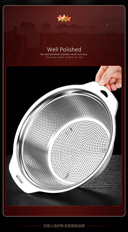 LFGB Certification Kitchen Fruit Vegetable and Rice Washing Basin 23~31cm Diameter Dense Drainage Hole Colander with Side Handle